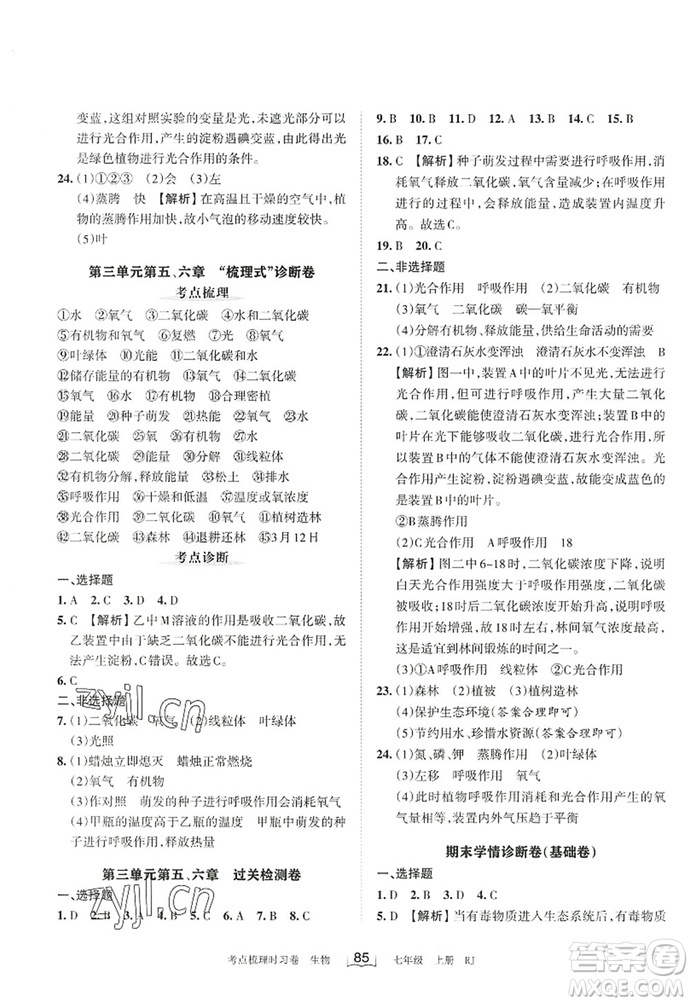 江西人民出版社2022王朝霞考點梳理時習卷七年級生物上冊RJ人教版答案