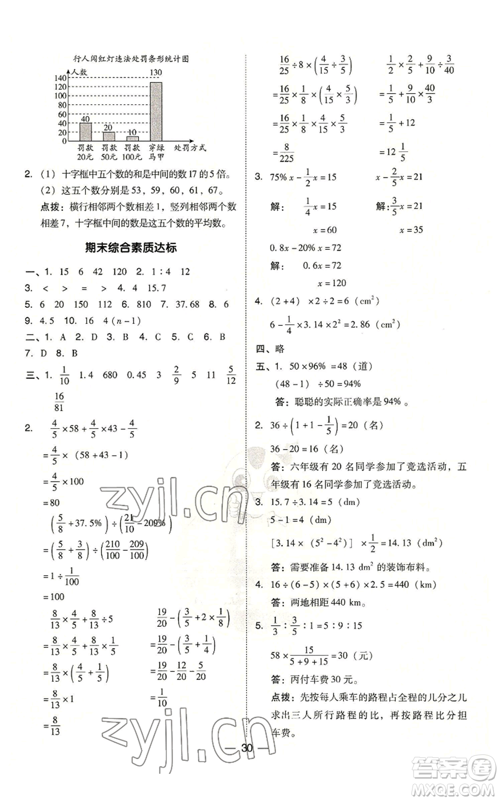 吉林教育出版社2022秋季綜合應(yīng)用創(chuàng)新題典中點(diǎn)六年級上冊數(shù)學(xué)人教版參考答案