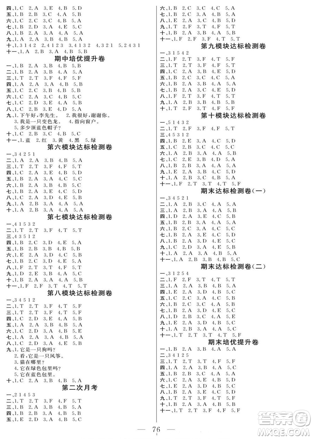 陽光出版社2022名師面對面大試卷英語三年級上冊外研版答案