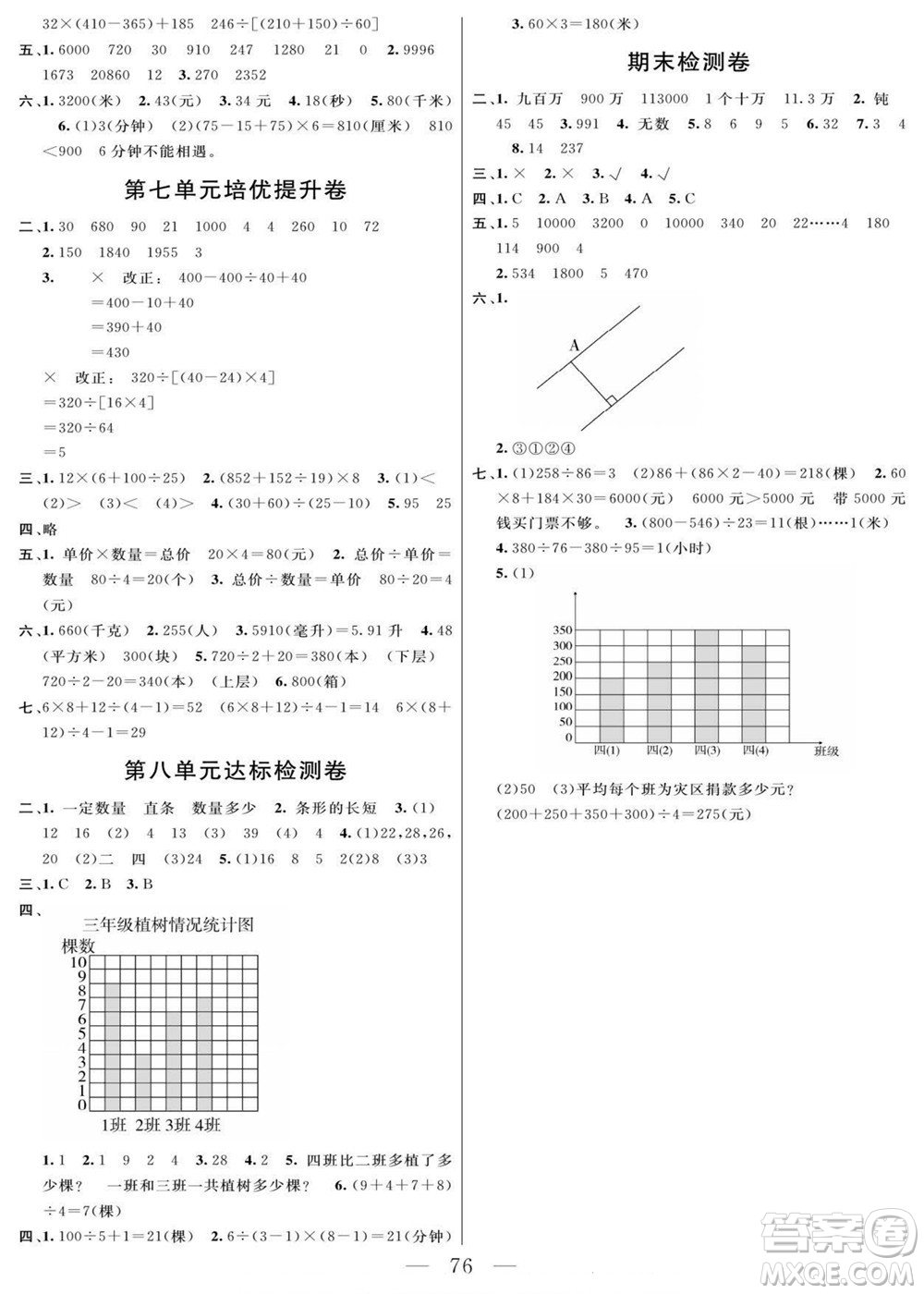 陽(yáng)光出版社2022名師面對(duì)面大試卷數(shù)學(xué)四年級(jí)上冊(cè)青島版答案