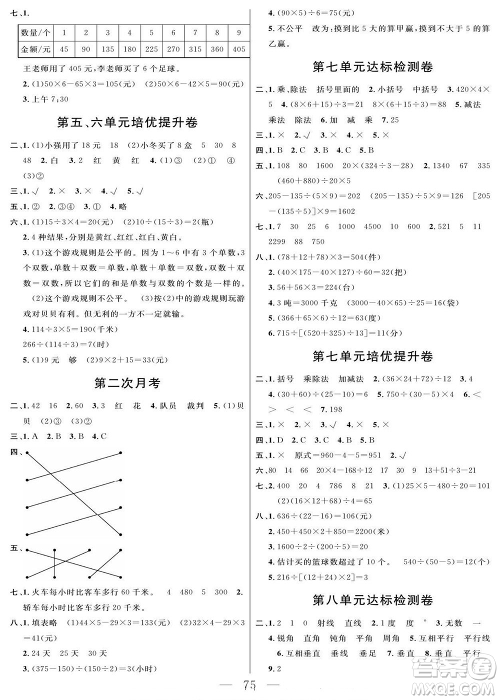 陽光出版社2022名師面對面大試卷數(shù)學(xué)四年級上冊蘇教版答案