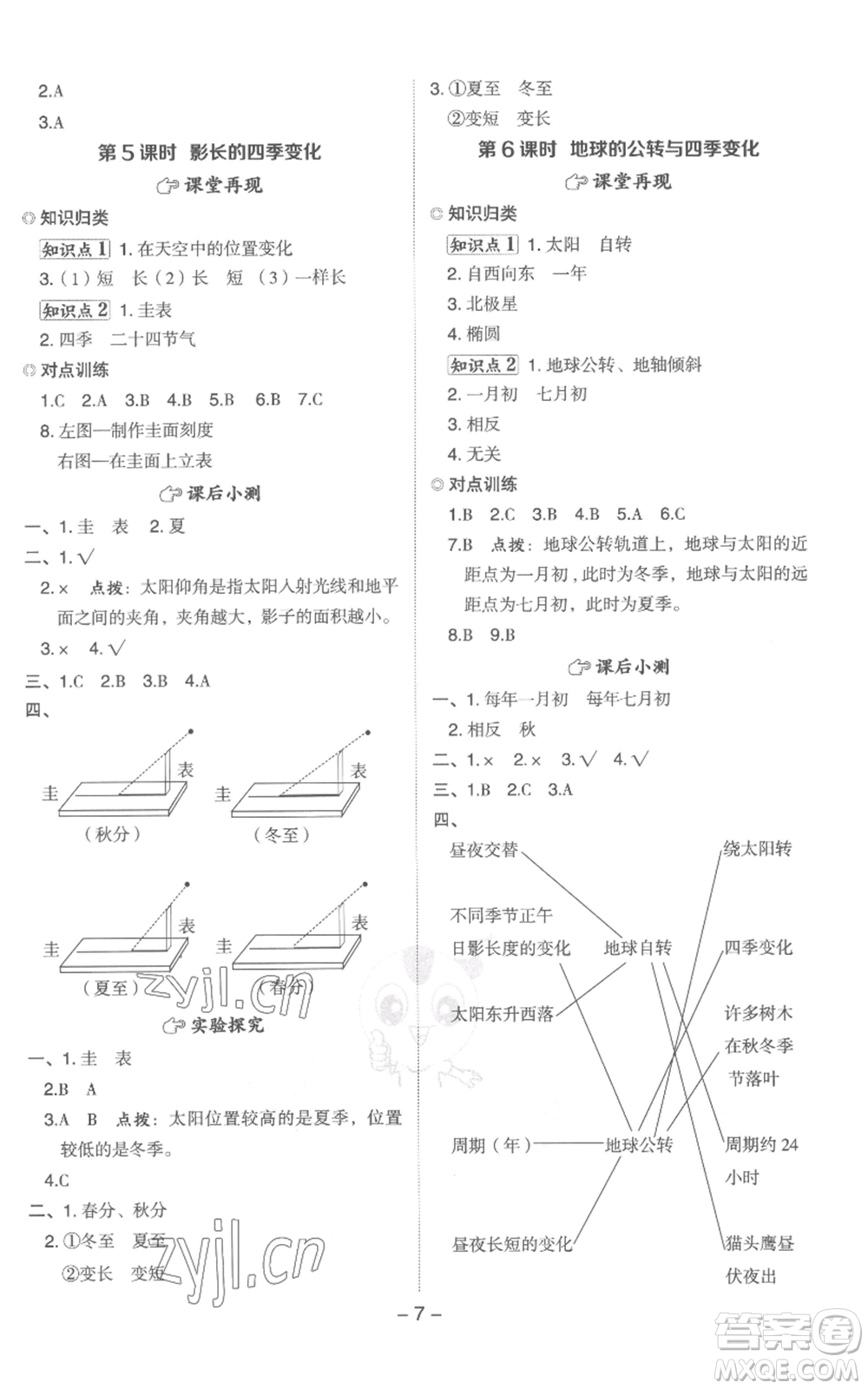 山西教育出版社2022秋季綜合應(yīng)用創(chuàng)新題典中點(diǎn)六年級上冊科學(xué)教科版參考答案