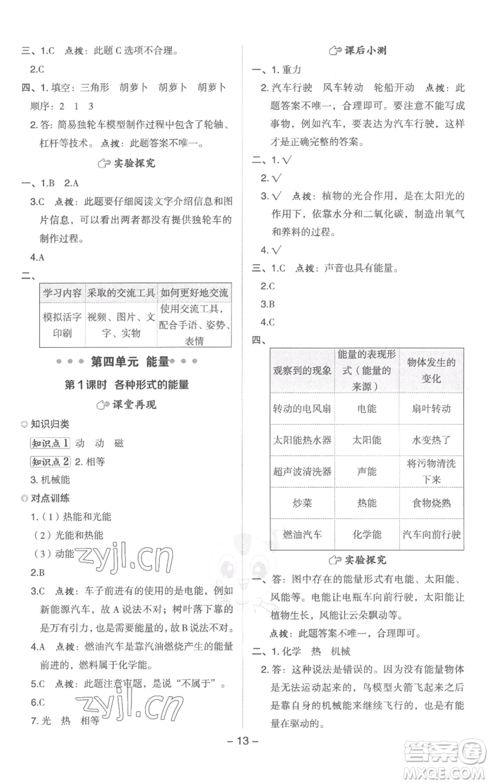 山西教育出版社2022秋季綜合應(yīng)用創(chuàng)新題典中點(diǎn)六年級上冊科學(xué)教科版參考答案