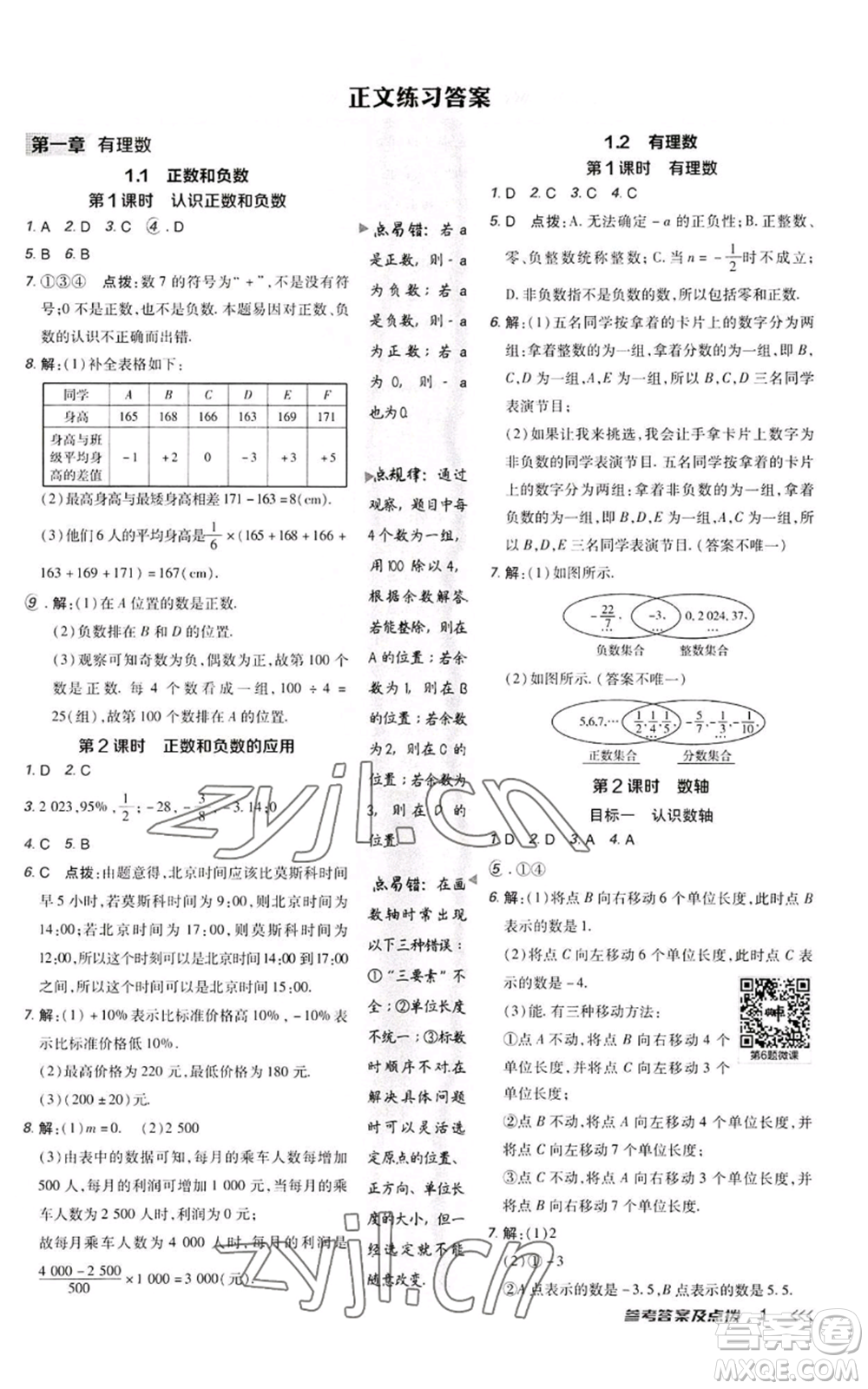 陜西人民教育出版社2022秋季綜合應(yīng)用創(chuàng)新題典中點提分練習(xí)冊七年級上冊數(shù)學(xué)人教版參考答案