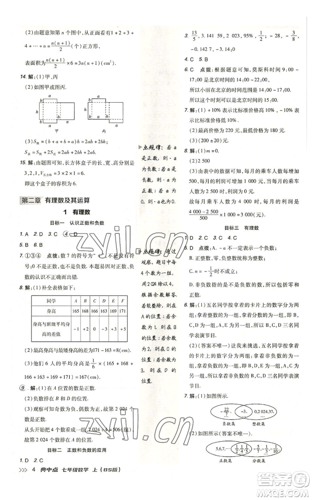 陜西人民教育出版社2022秋季綜合應用創(chuàng)新題典中點提分練習冊七年級上冊數(shù)學北師大版參考答案