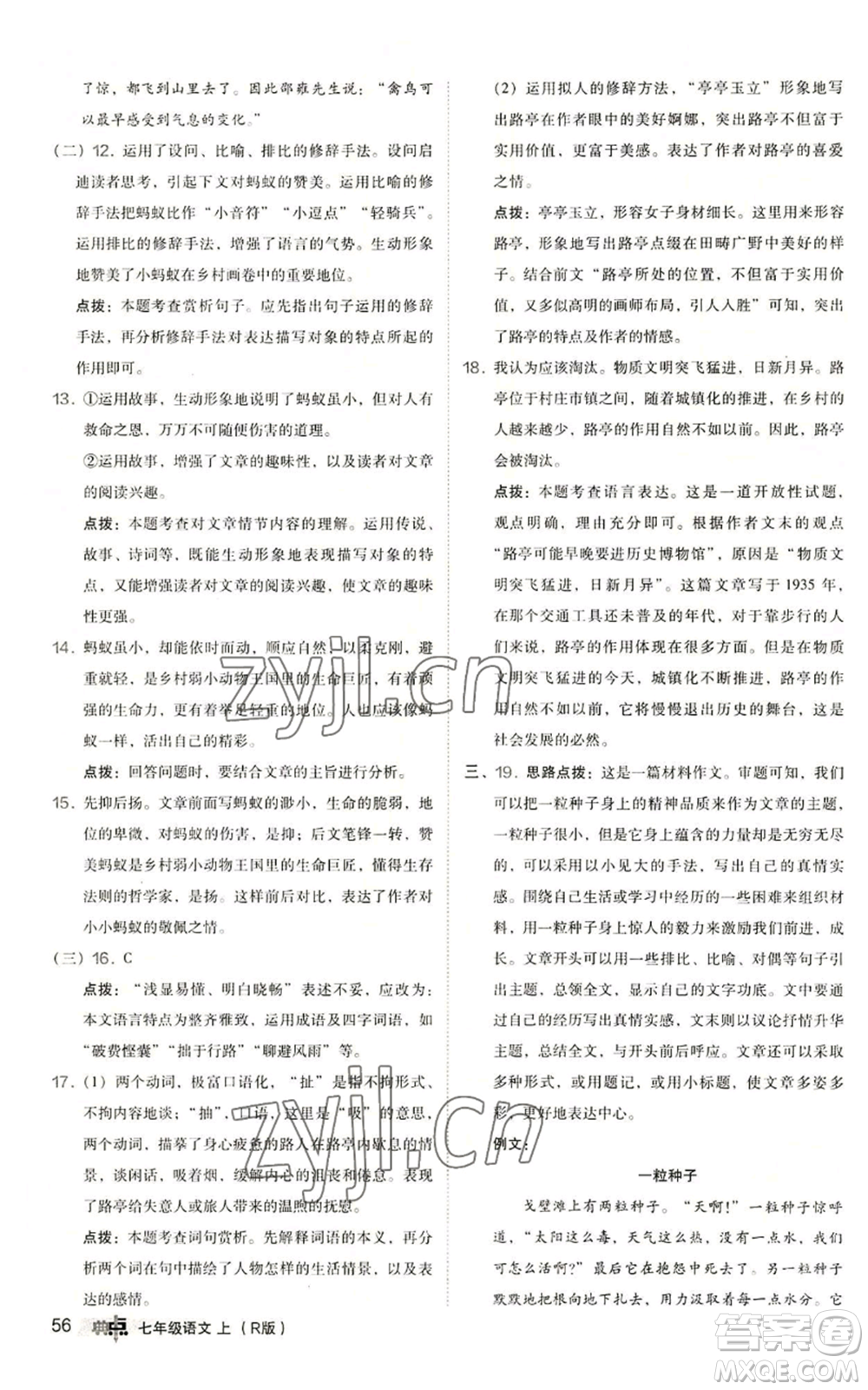 陜西人民教育出版社2022秋季綜合應(yīng)用創(chuàng)新題典中點(diǎn)提分練習(xí)冊(cè)七年級(jí)上冊(cè)語(yǔ)文人教版參考答案