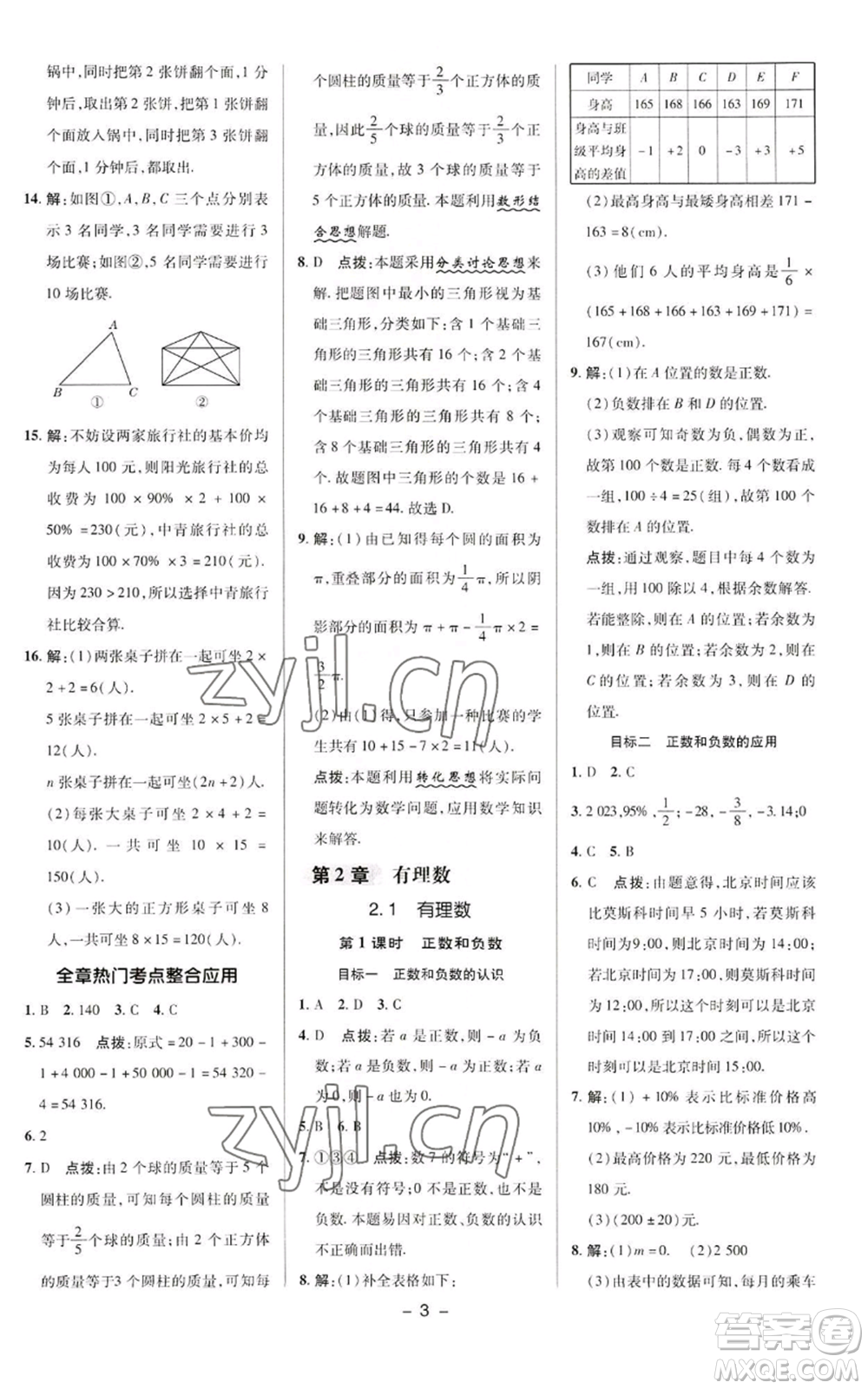 陜西人民教育出版社2022秋季綜合應用創(chuàng)新題典中點提分練習冊七年級上冊數(shù)學華師大版參考答案