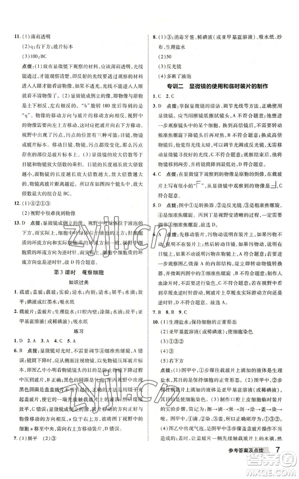 陜西人民教育出版社2022秋季綜合應(yīng)用創(chuàng)新題典中點提分練習(xí)冊七年級上冊科學(xué)浙教版A本參考答案