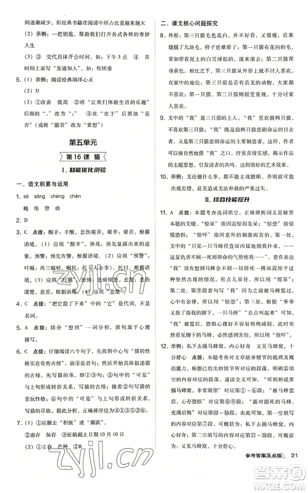 吉林教育出版社2022秋季綜合應(yīng)用創(chuàng)新題典中點(diǎn)提分練習(xí)冊(cè)七年級(jí)上冊(cè)語文人教版安徽專版參考答案