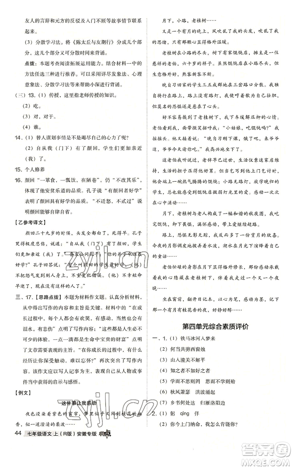 吉林教育出版社2022秋季綜合應(yīng)用創(chuàng)新題典中點(diǎn)提分練習(xí)冊(cè)七年級(jí)上冊(cè)語文人教版安徽專版參考答案