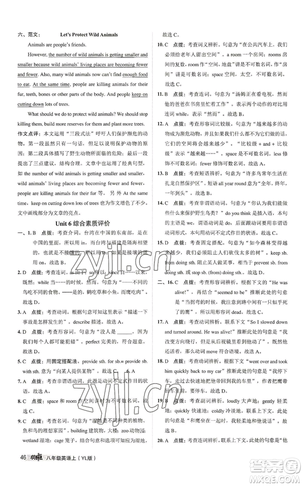 陜西人民教育出版社2022秋季綜合應用創(chuàng)新題典中點提分練習冊八年級上冊英語譯林版參考答案