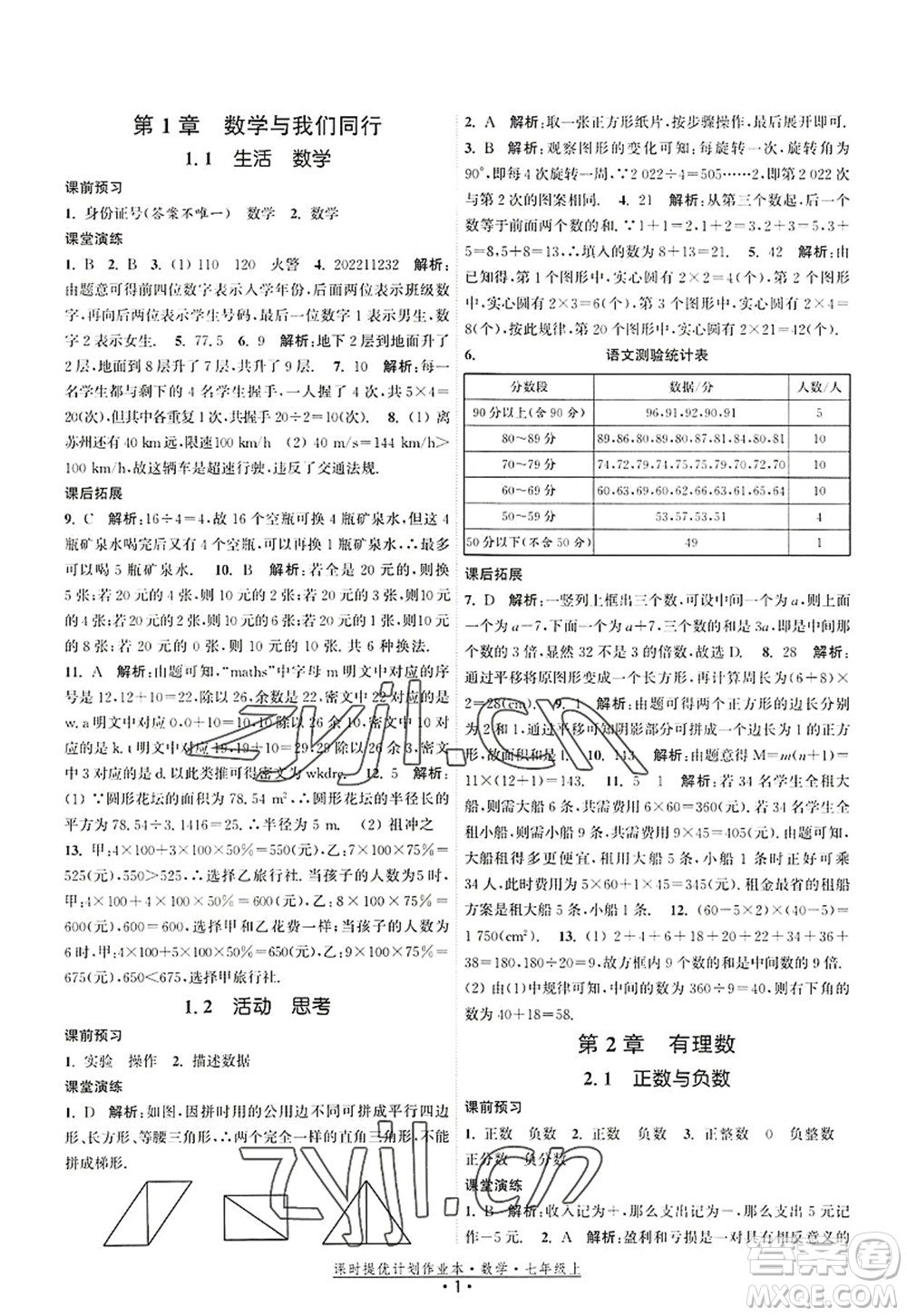 江蘇人民出版社2022課時(shí)提優(yōu)計(jì)劃作業(yè)本七年級數(shù)學(xué)上冊SK蘇科版答案