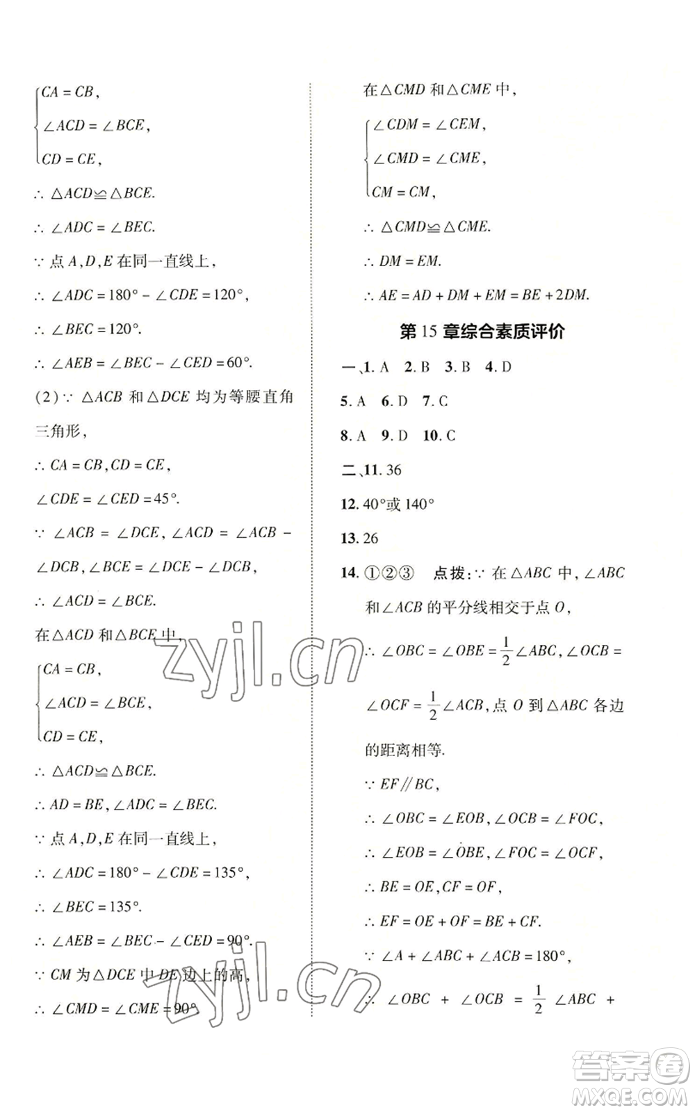 陜西人民教育出版社2022秋季綜合應(yīng)用創(chuàng)新題典中點提分練習(xí)冊八年級上冊數(shù)學(xué)滬科版參考答案