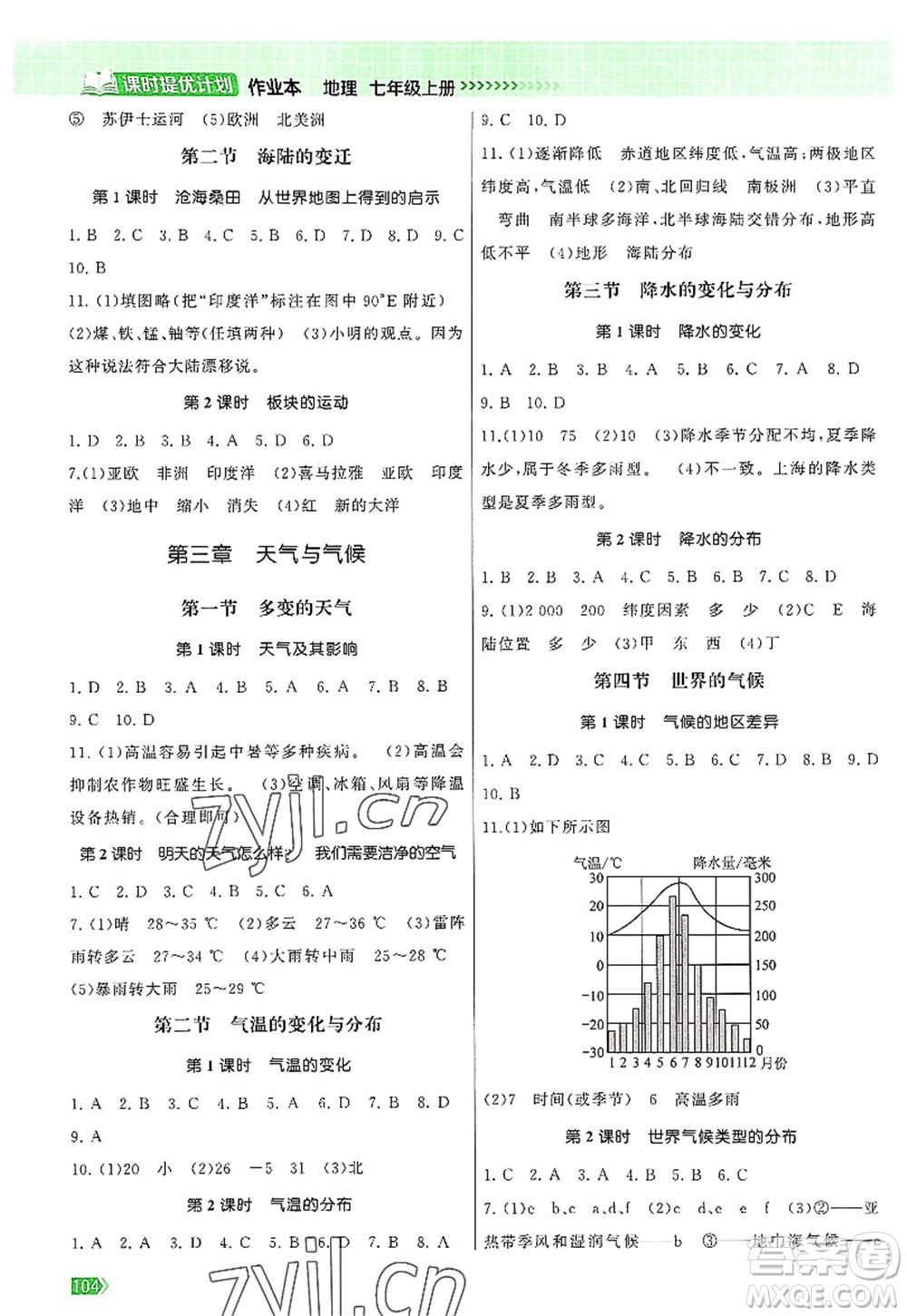 江蘇鳳凰美術(shù)出版社2022課時(shí)提優(yōu)計(jì)劃作業(yè)本七年級(jí)地理上冊(cè)RJ人教版答案