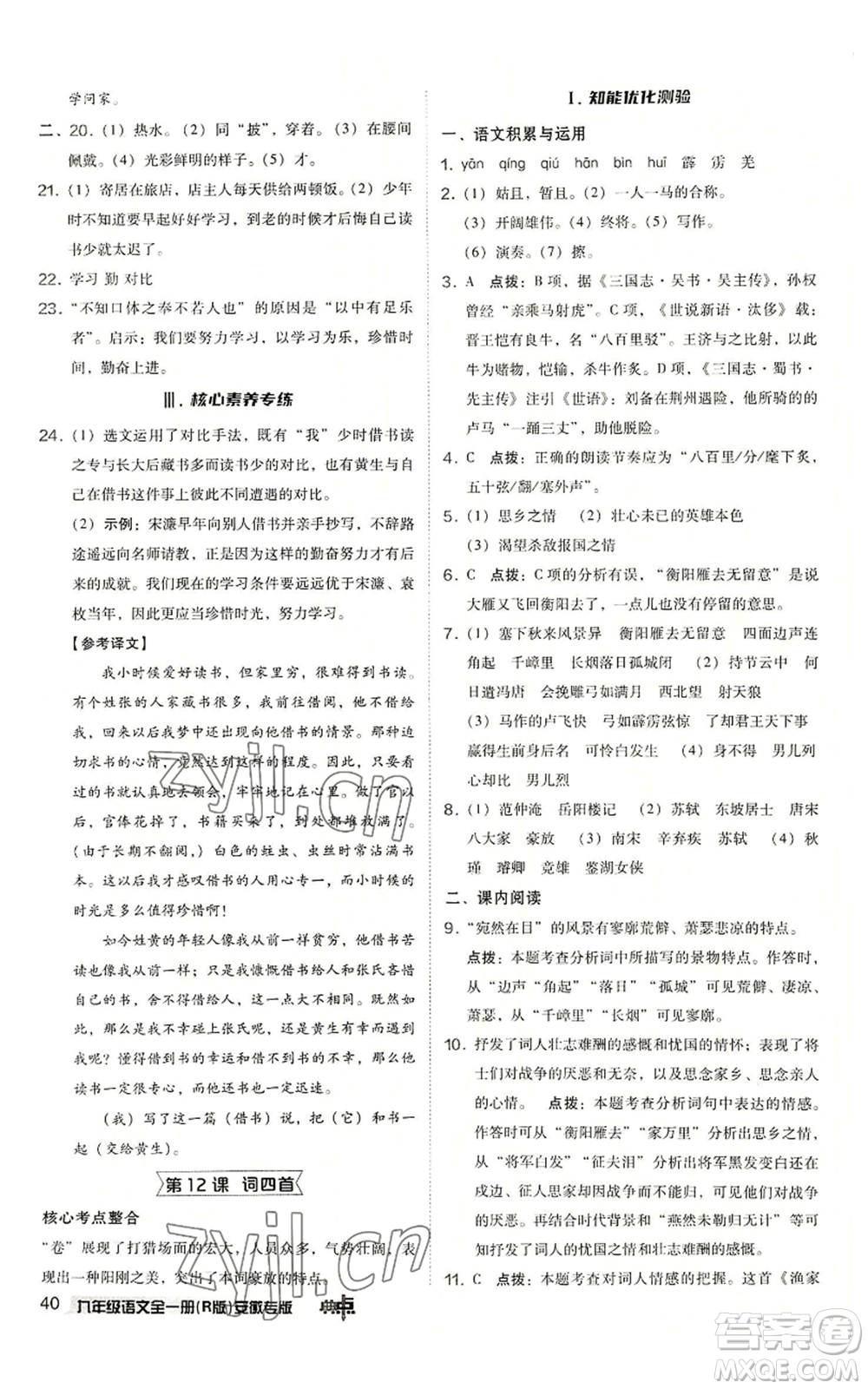 吉林教育出版社2022秋季綜合應(yīng)用創(chuàng)新題典中點(diǎn)提分練習(xí)冊九年級語文人教版安徽專版參考答案