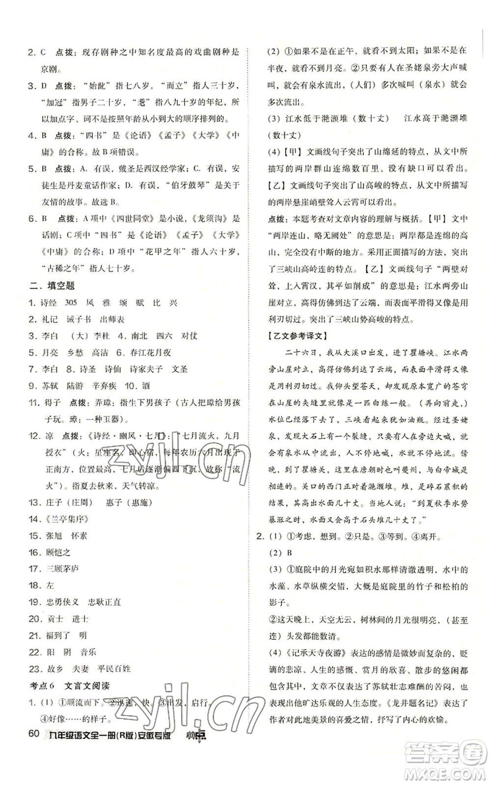 吉林教育出版社2022秋季綜合應(yīng)用創(chuàng)新題典中點(diǎn)提分練習(xí)冊九年級語文人教版安徽專版參考答案