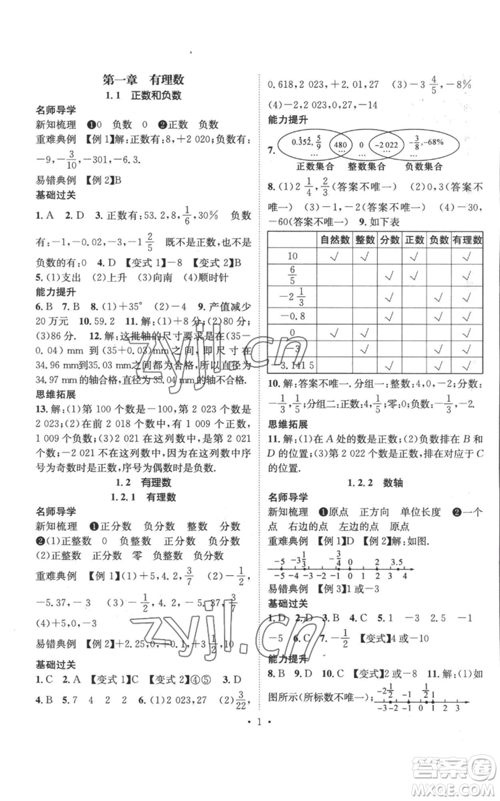 江西教育出版社2022秋季名師測控七年級上冊數(shù)學人教版參考答案