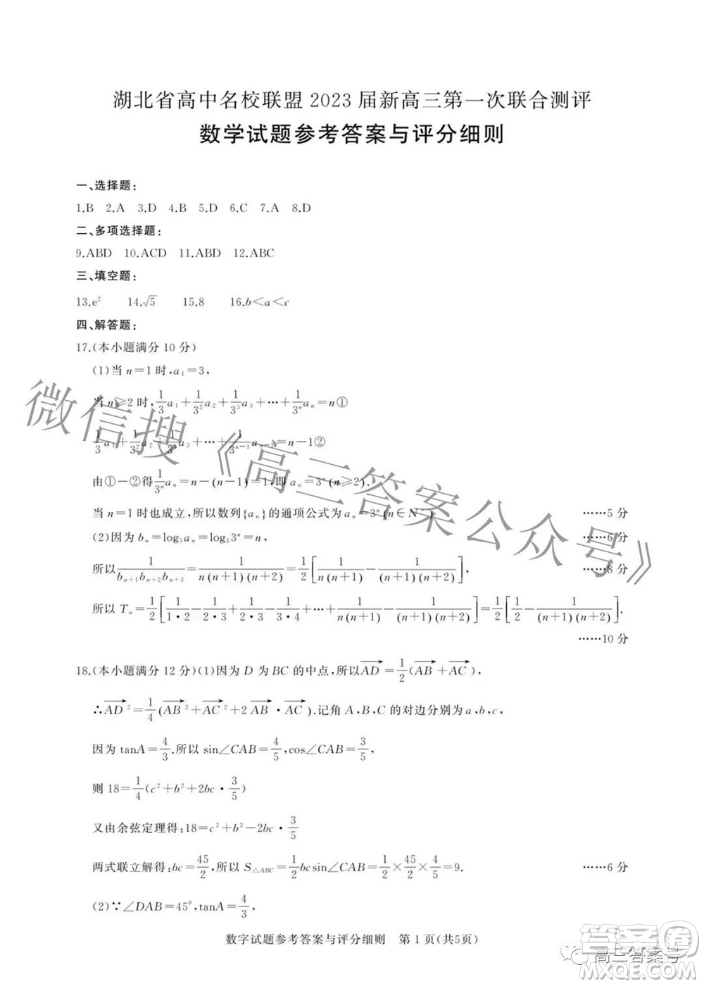 湖北省高中名校聯(lián)盟2023屆新高三第一次聯(lián)合測評數(shù)學試題及答案