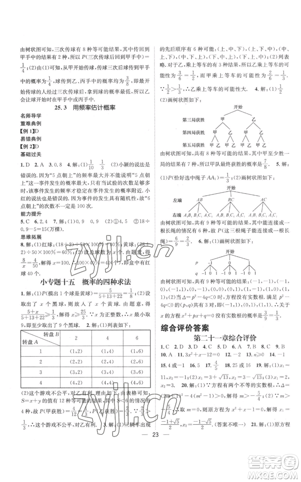 江西教育出版社2022秋季名師測控九年級上冊數(shù)學(xué)人教版參考答案