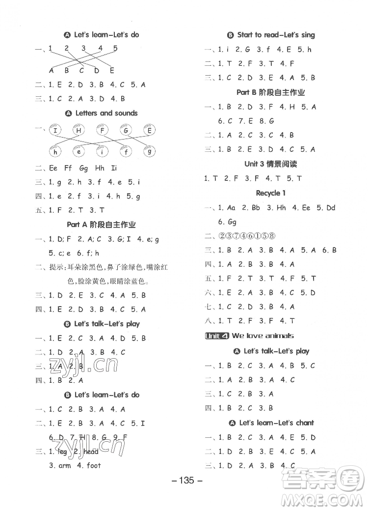 開明出版社2022全品學(xué)練考英語三年級上冊人教版答案