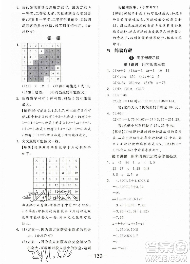 開明出版社2022全品學練考數(shù)學五年級上冊人教版答案