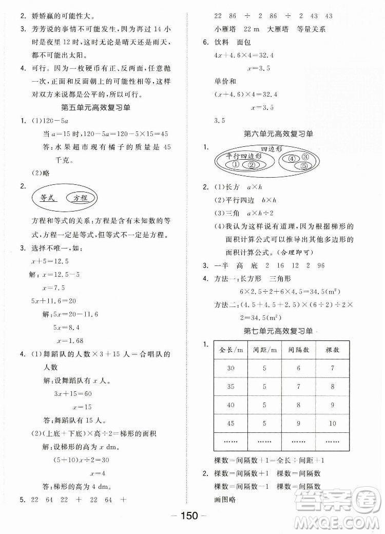 開明出版社2022全品學練考數(shù)學五年級上冊人教版答案