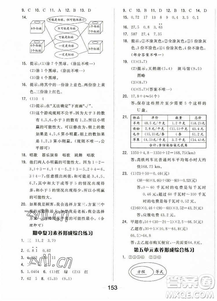 開明出版社2022全品學練考數(shù)學五年級上冊人教版答案