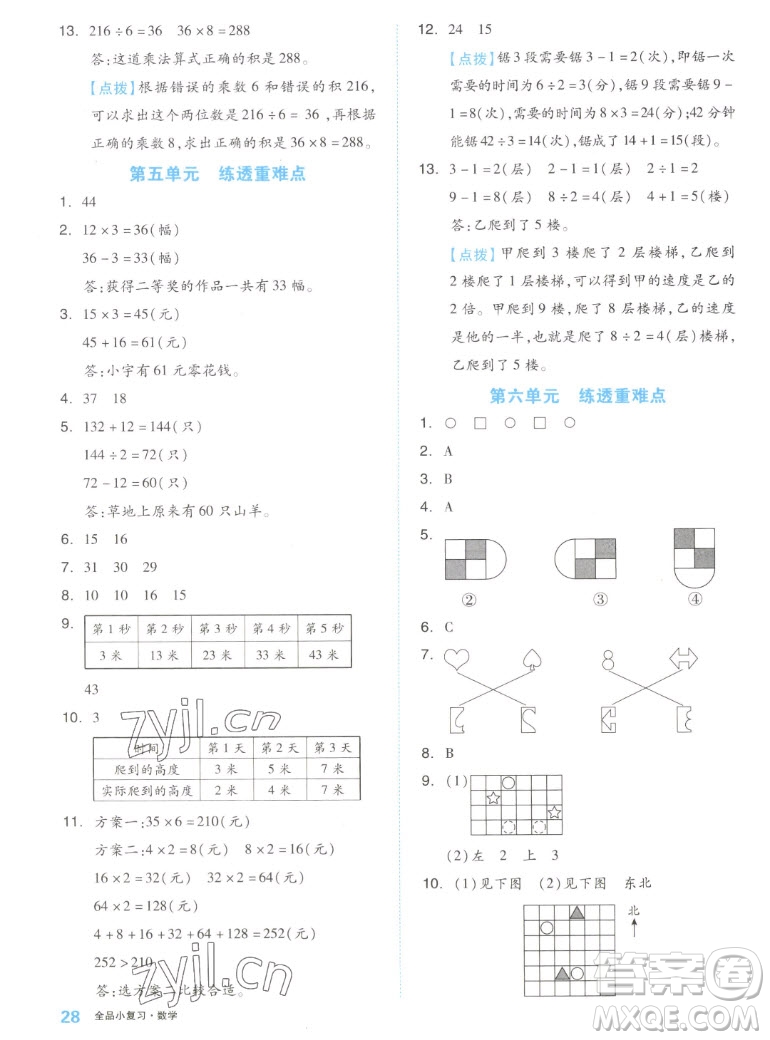 天津人民出版社2022全品小復(fù)習(xí)數(shù)學(xué)三年級上冊SJ蘇教版答案