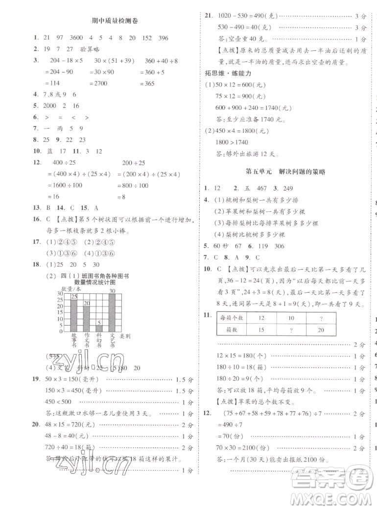 天津人民出版社2022全品小復(fù)習(xí)數(shù)學(xué)四年級上冊SJ蘇教版答案