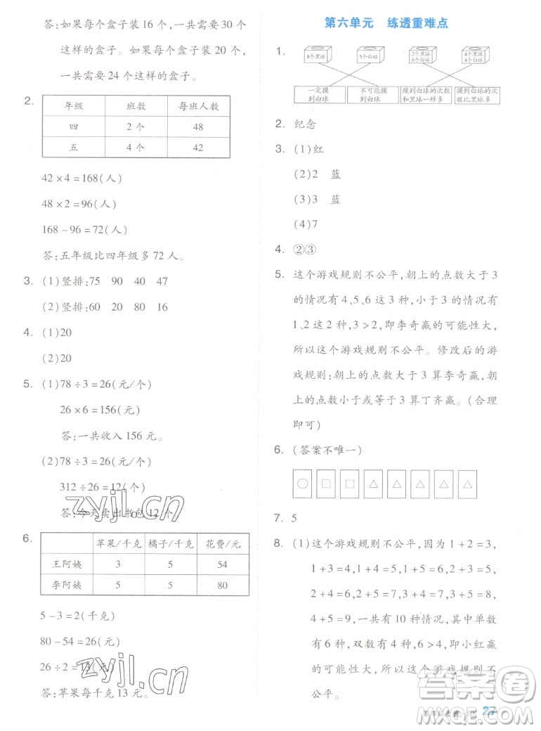 天津人民出版社2022全品小復(fù)習(xí)數(shù)學(xué)四年級上冊SJ蘇教版答案