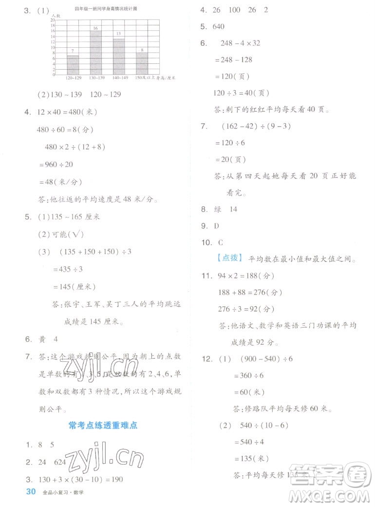 天津人民出版社2022全品小復(fù)習(xí)數(shù)學(xué)四年級上冊SJ蘇教版答案