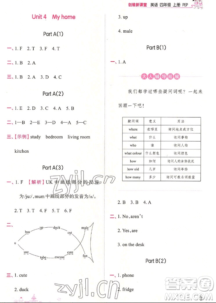 江西人民出版社2022王朝霞創(chuàng)維新課堂英語(yǔ)四年級(jí)上冊(cè)人教版答案