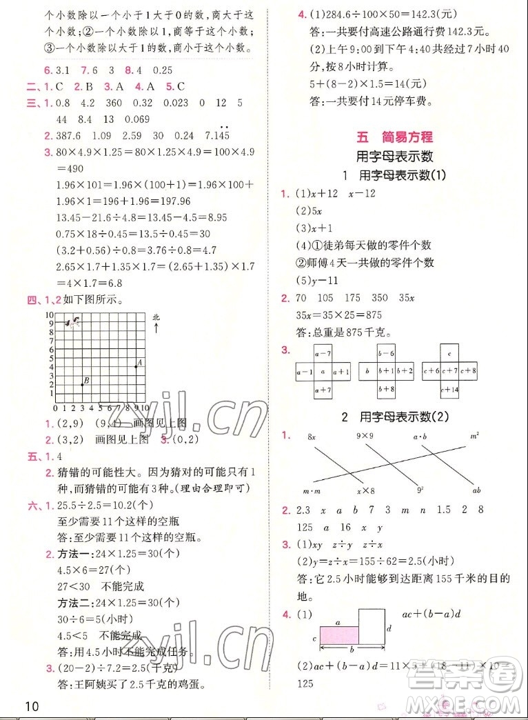 江西人民出版社2022王朝霞創(chuàng)維新課堂數(shù)學(xué)五年級上冊RJ人教版答案