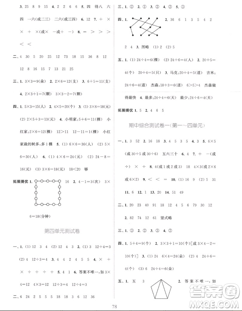 北方婦女兒童出版社2022秋江蘇金考卷數(shù)學(xué)二年級(jí)上冊(cè)蘇教版答案