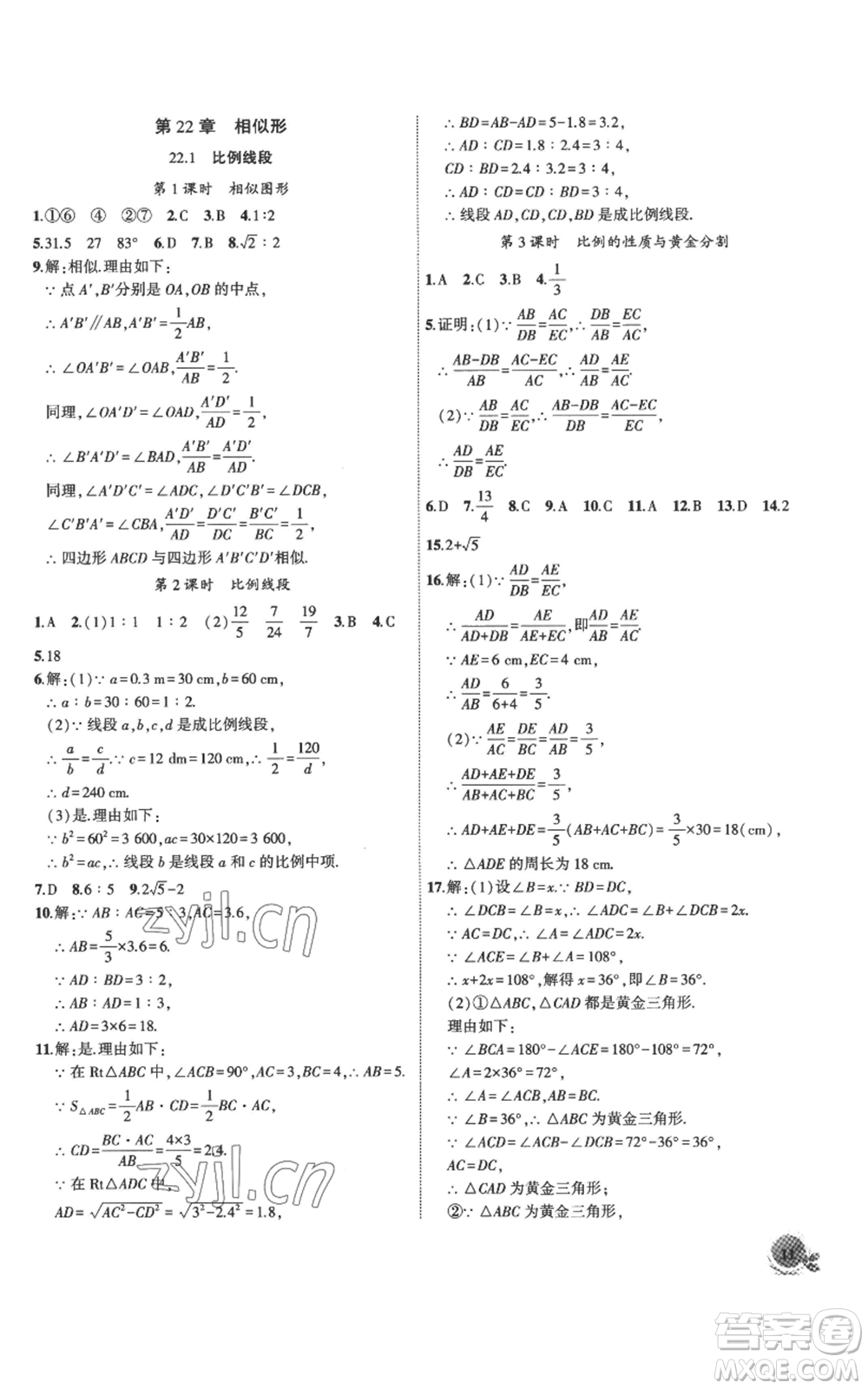 安徽大學(xué)出版社2022創(chuàng)新課堂創(chuàng)新作業(yè)本九年級(jí)上冊(cè)數(shù)學(xué)滬科版參考答案