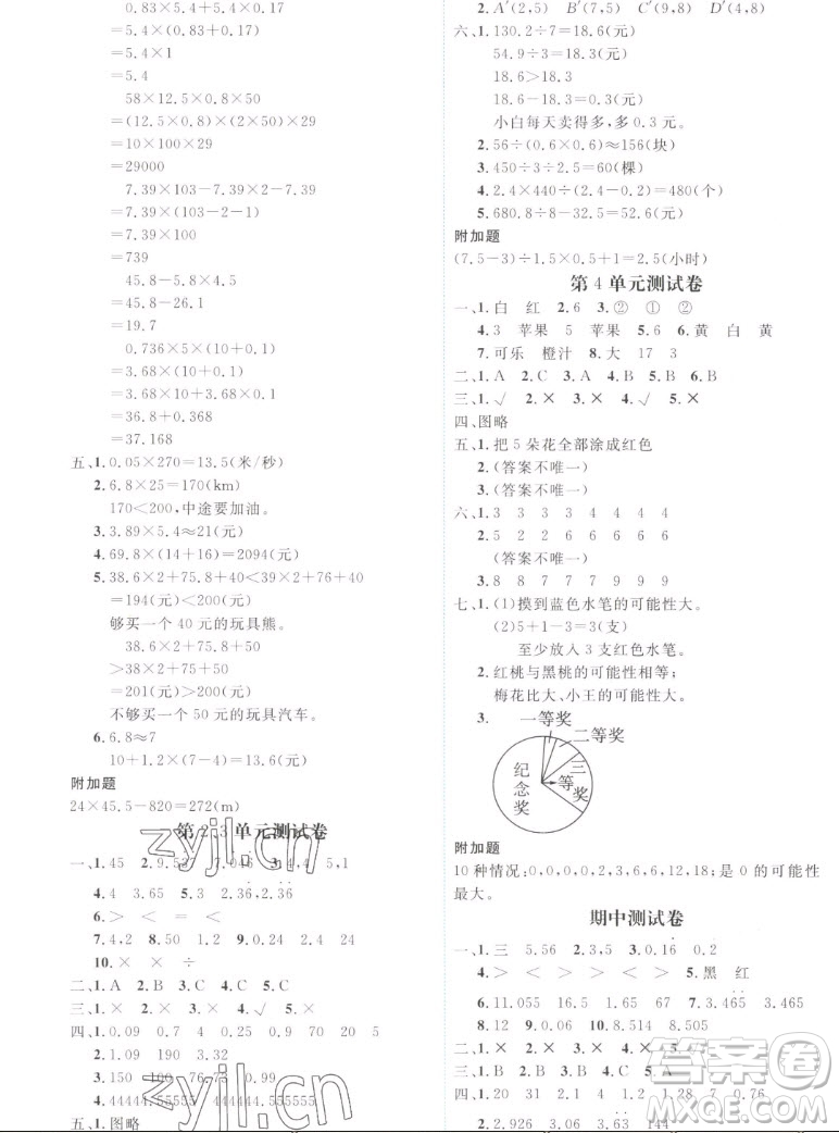 延邊人民出版社2022優(yōu)秀生作業(yè)本數(shù)學五年級上冊人教版答案