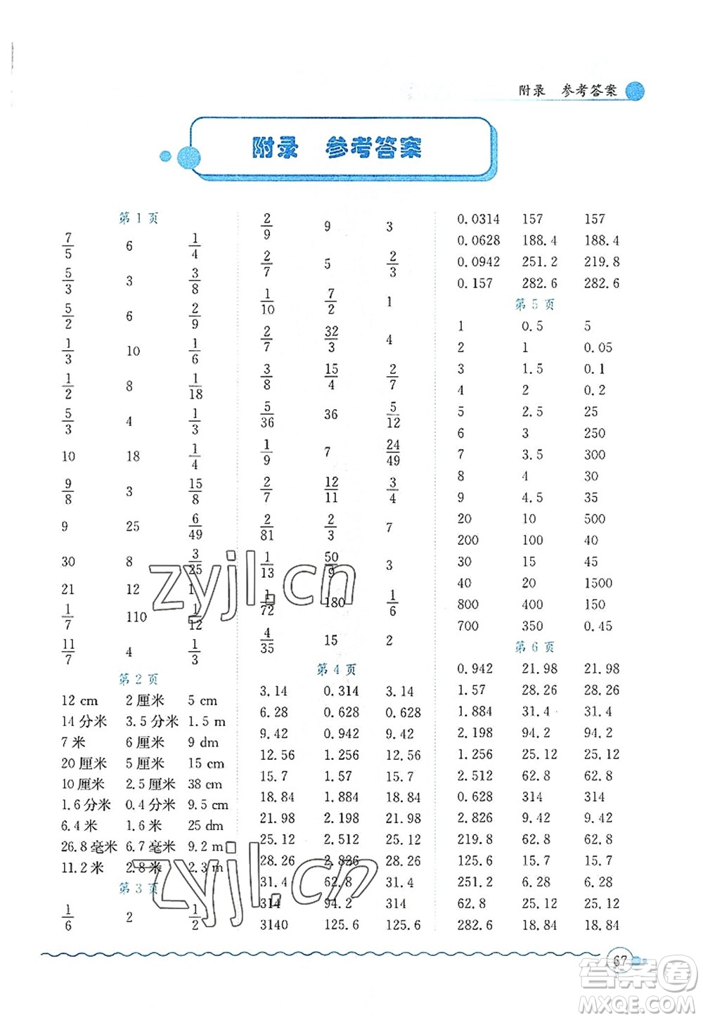 龍門書局2022黃岡小狀元口算速算練習(xí)冊六年級數(shù)學(xué)上冊BS北師版答案