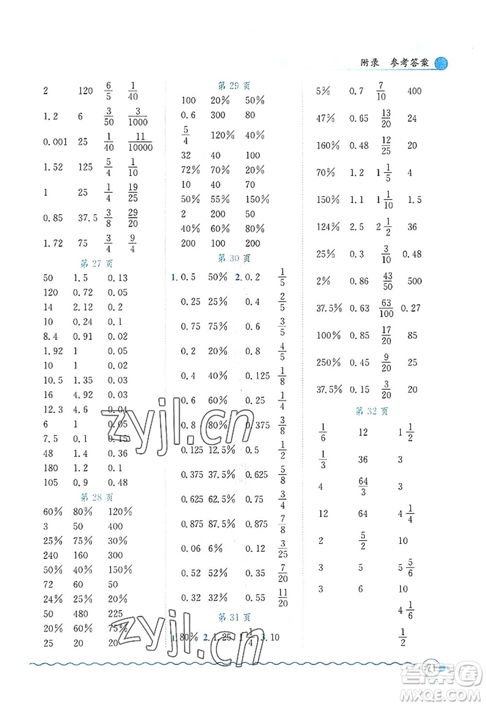 龍門書局2022黃岡小狀元口算速算練習(xí)冊六年級數(shù)學(xué)上冊BS北師版答案