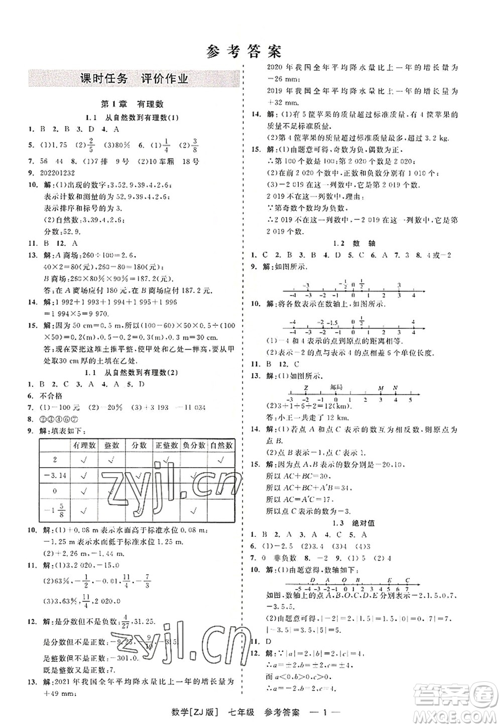 浙江工商大學(xué)出版社2022精彩練習(xí)就練這一本七年級數(shù)學(xué)上冊ZJ浙教版答案