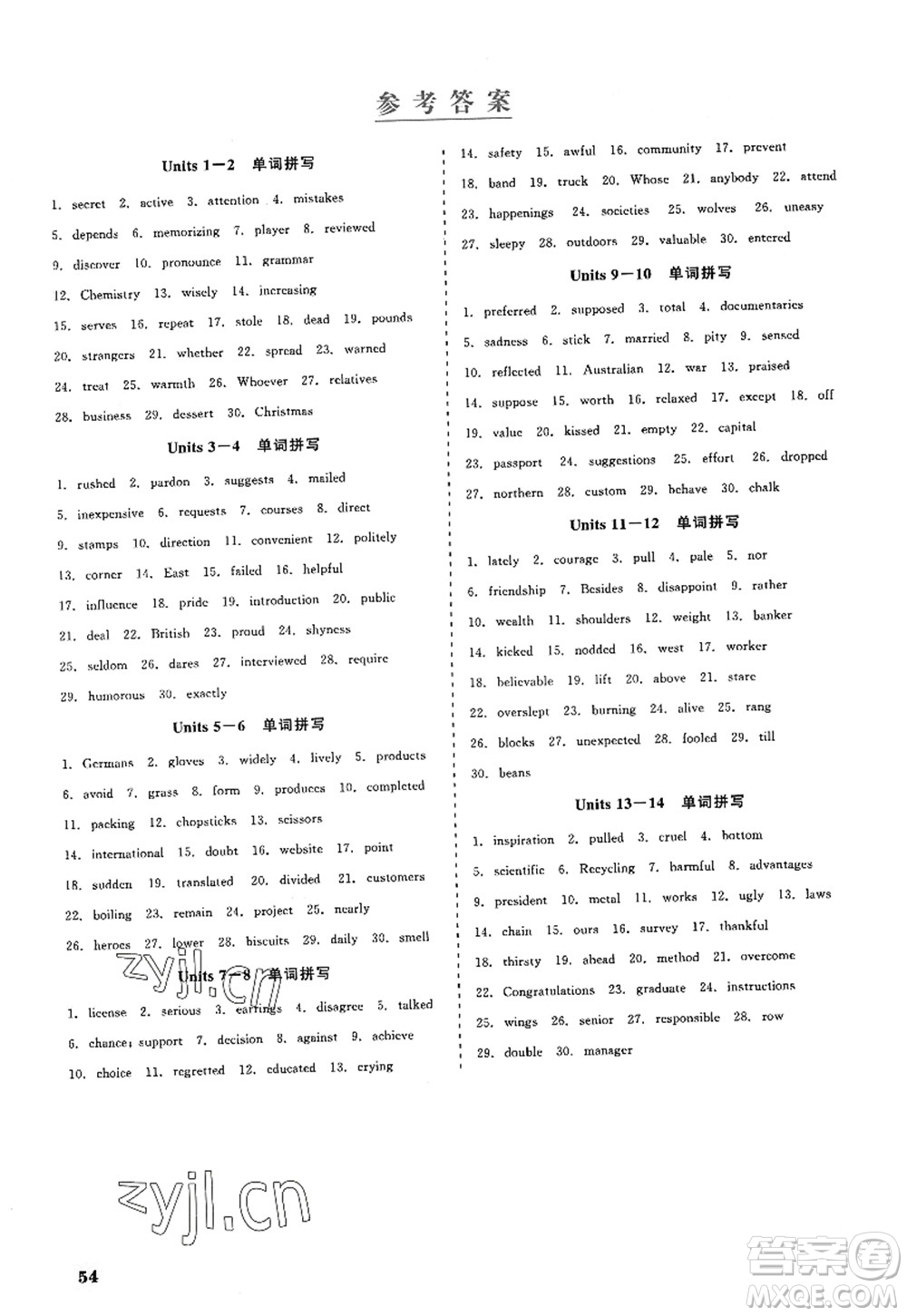 浙江工商大學出版社2022精彩練習就練這一本九年級英語全一冊RJ人教版浙江版答案