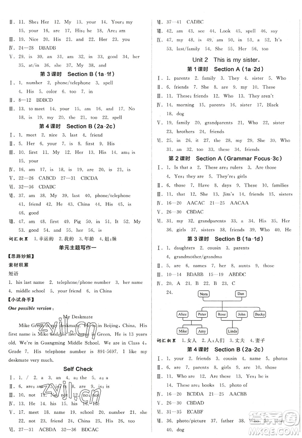 沈陽出版社2022全品學練考七年級英語上冊RJ人教版浙江專版答案