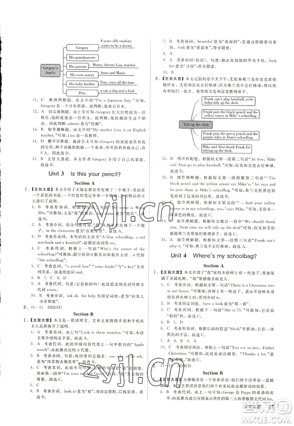 沈陽出版社2022全品學練考七年級英語上冊RJ人教版浙江專版答案