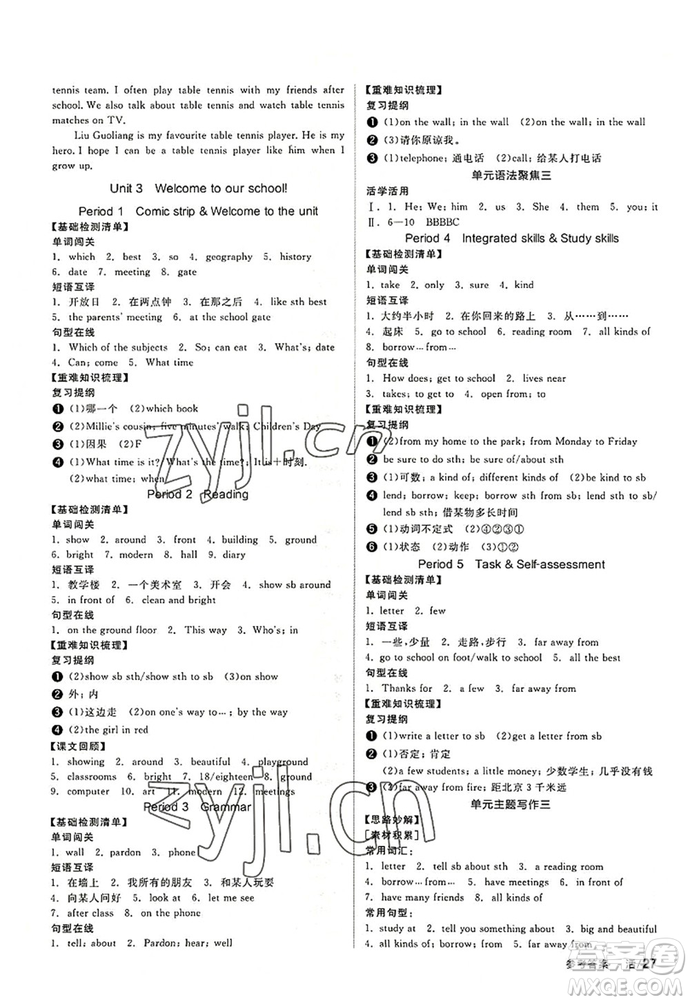 陽光出版社2022全品學(xué)練考七年級(jí)英語上冊(cè)YLNJ譯林牛津版答案