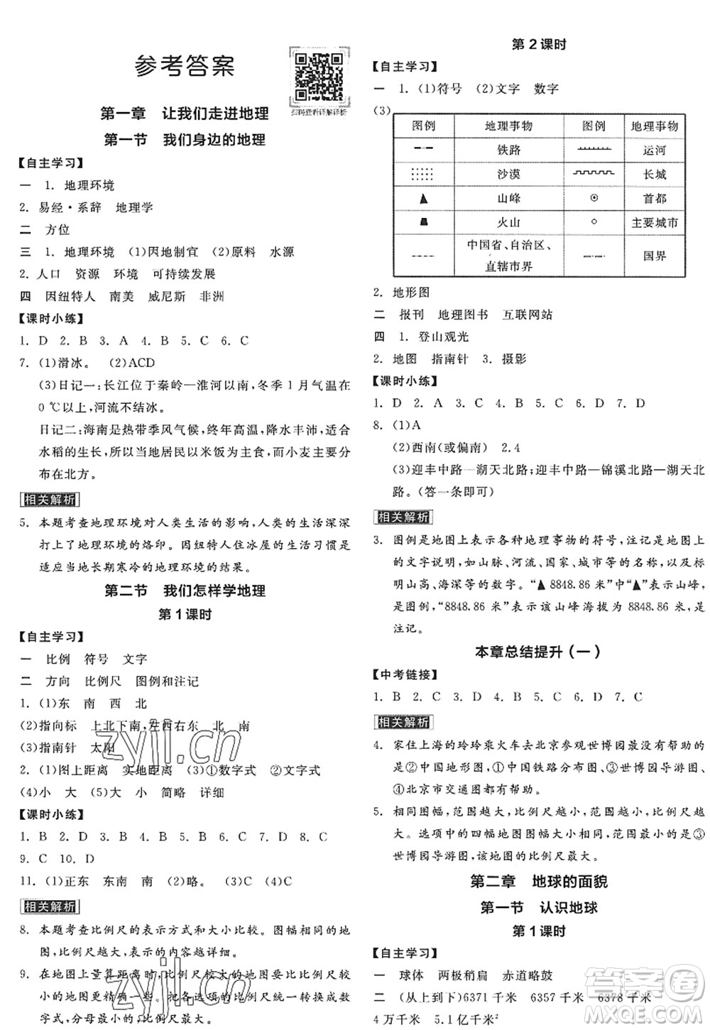 陽(yáng)光出版社2022全品學(xué)練考七年級(jí)地理上冊(cè)XJ湘教版答案