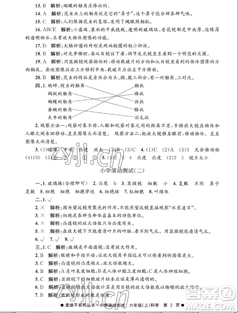 浙江工商大學(xué)出版社2022孟建平小學(xué)滾動測試科學(xué)六年級上教科版答案