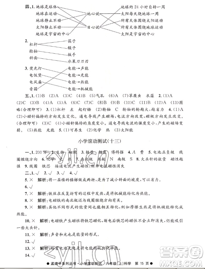 浙江工商大學(xué)出版社2022孟建平小學(xué)滾動測試科學(xué)六年級上教科版答案