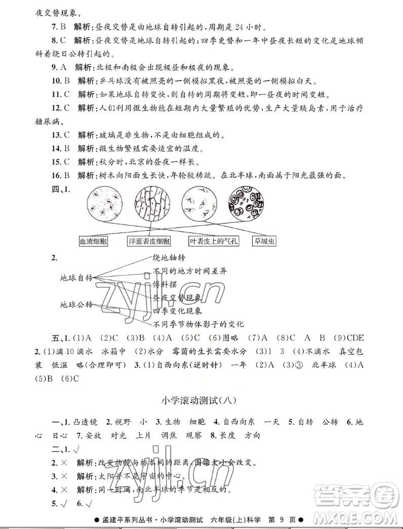 浙江工商大學(xué)出版社2022孟建平小學(xué)滾動測試科學(xué)六年級上教科版答案