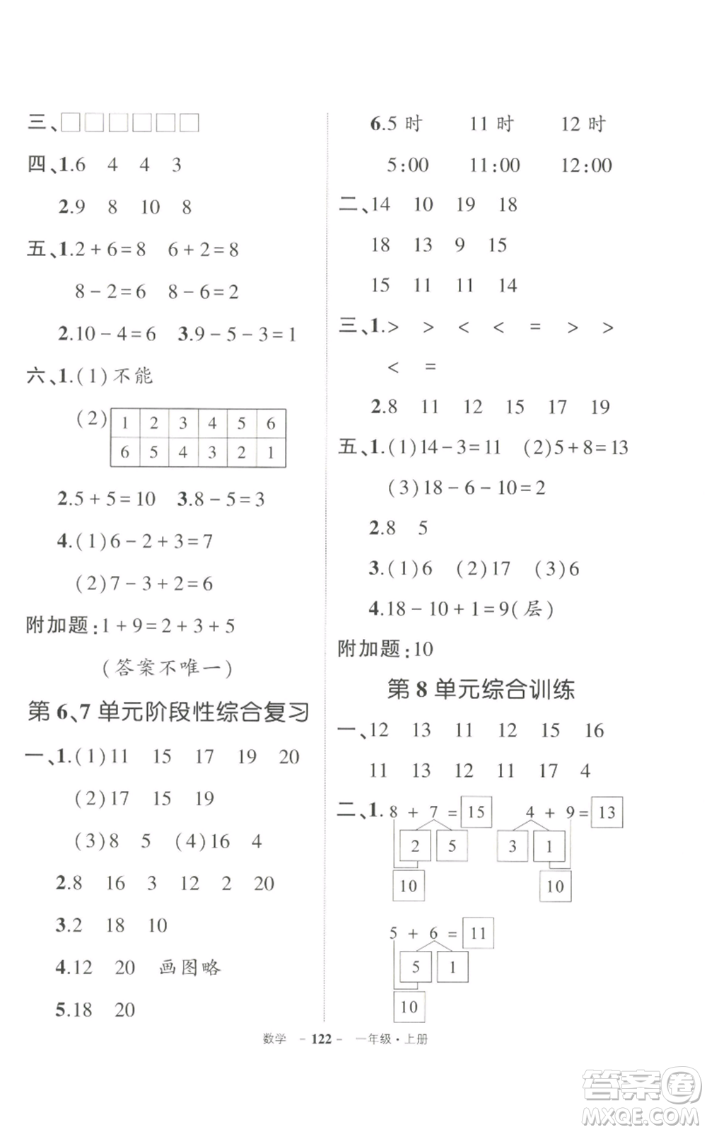 長(zhǎng)江出版社2022秋季狀元成才路創(chuàng)優(yōu)作業(yè)100分一年級(jí)上冊(cè)數(shù)學(xué)人教版參考答案