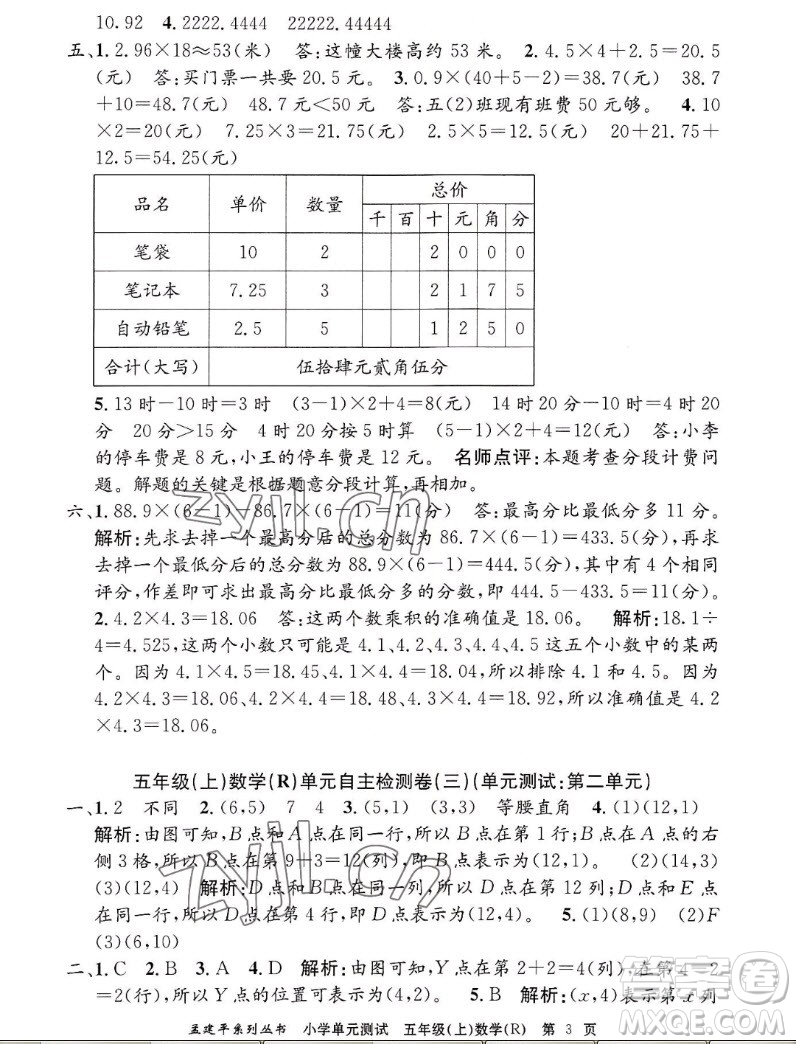 浙江工商大學出版社2022孟建平小學單元測試數(shù)學五年級上人教版答案