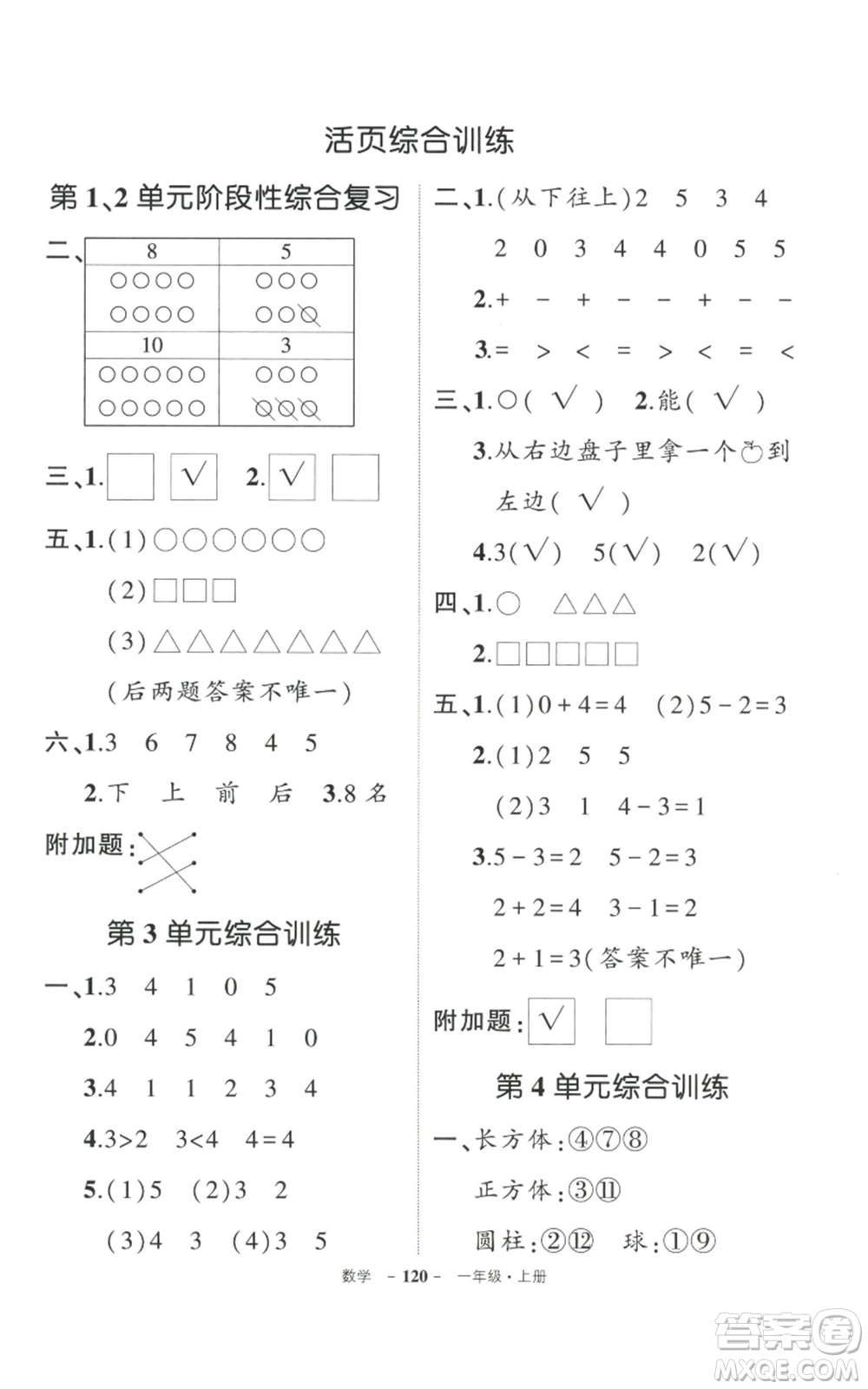 武漢出版社2022秋季狀元成才路創(chuàng)優(yōu)作業(yè)100分一年級(jí)上冊(cè)數(shù)學(xué)人教版貴州專版參考答案